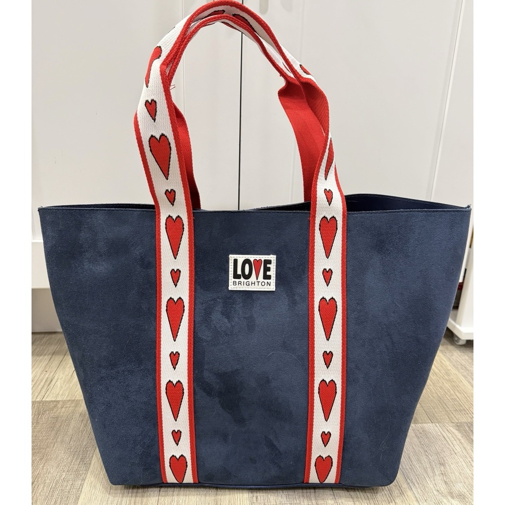 Brighton Love Tote Bag Navy Blue Faux Suede Red Hearts Large Shopper